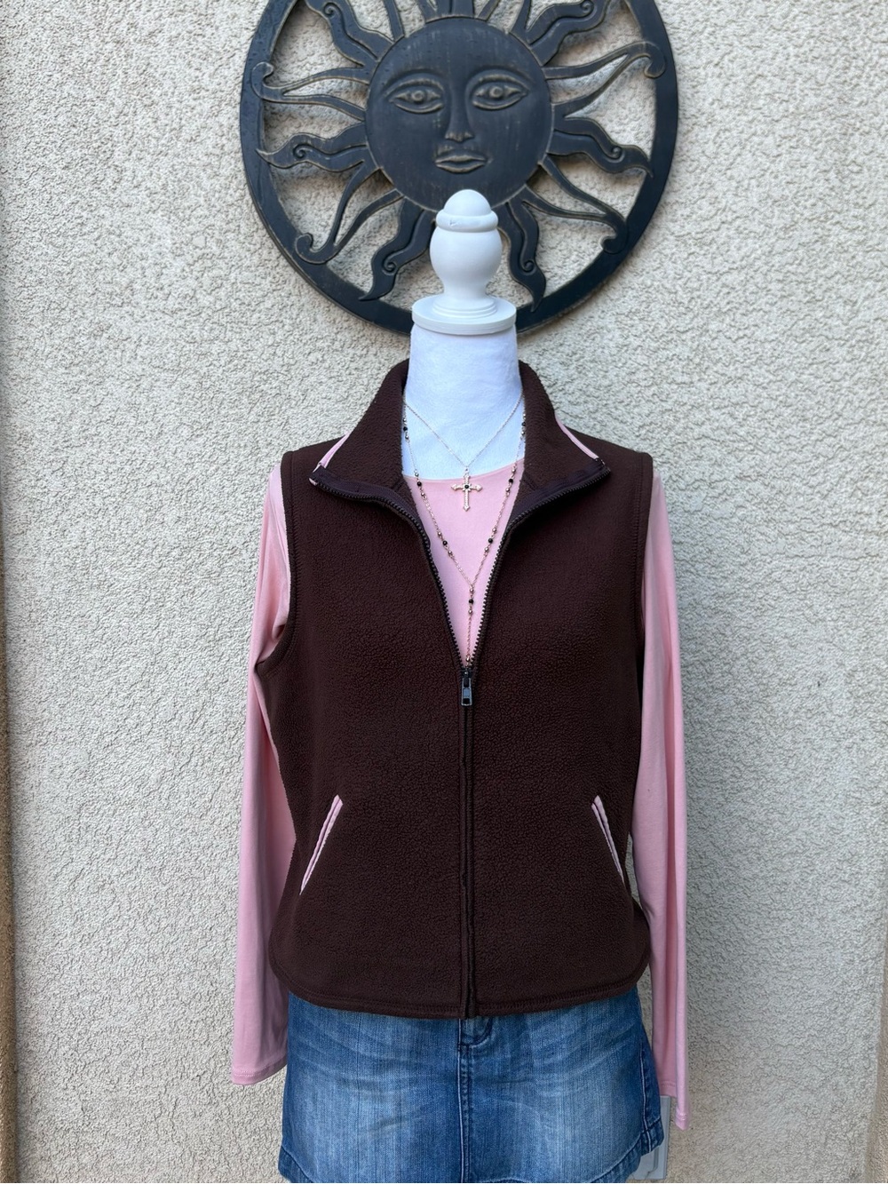 Moda International Brown Pink Fleece Vest Y2K Zip Up Coquette Outdoorsy